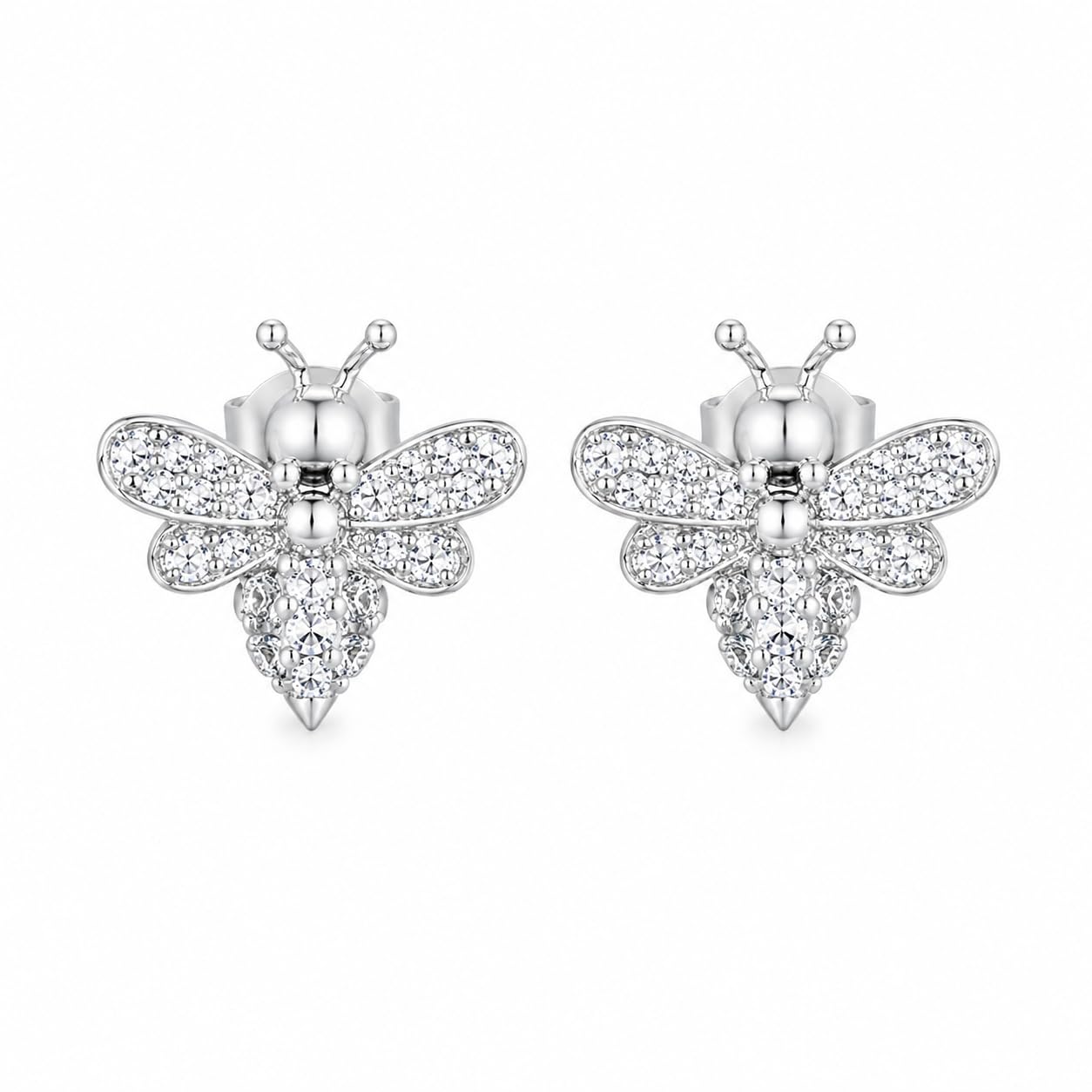 Warm Fortune 18K White Gold Plated CZ Bee Stud Earrings for Women