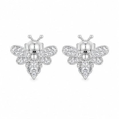Warm Fortune 18K White Gold Plated CZ Bee Stud Earrings for Women