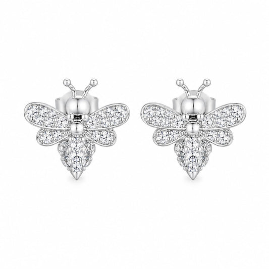 Warm Fortune 18K White Gold Plated CZ Bee Stud Earrings for Women