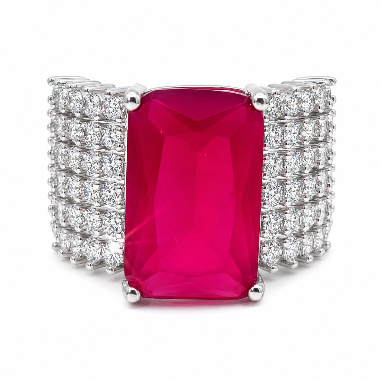 Warm Fortune Large Rectangular Fashion Ring for Women, 18K White Gold Plated Multi-Layer Side Stones Party Statement Accessory, Size 8