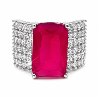 Warm Fortune Large Rectangular Fashion Ring for Women, 18K White Gold Plated Multi-Layer Side Stones Party Statement Accessory, Size 8