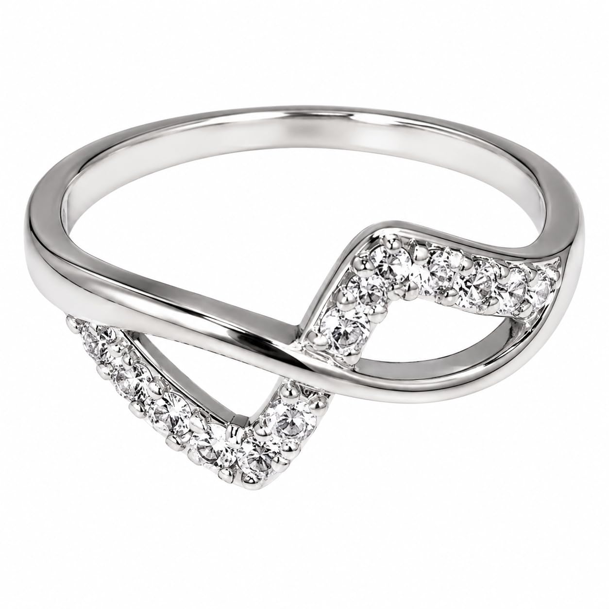 Warm Fortune Cross-Over CZ Ring for Women, 18K White Gold Plated Round Cubic Zirconia Pave Band, Dainty Elegant Jewelry