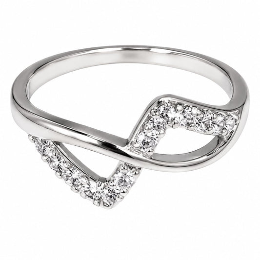 Warm Fortune Cross-Over CZ Ring for Women, 18K White Gold Plated Round Cubic Zirconia Pave Band, Dainty Elegant Jewelry