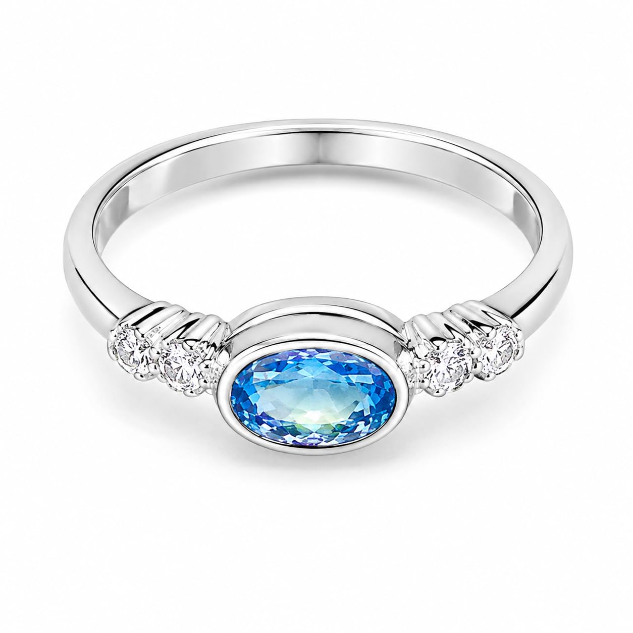 Warm Fortune Gradient Blue Oval Center Stone Side Paved Cubic Zirconia Ring for Women, 18K Gold Plated Solitaire Statement Band, Dainty Elegant Daily Fashion Jewelry