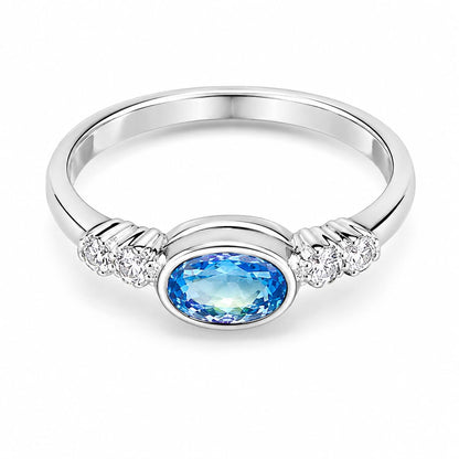 Warm Fortune Gradient Blue Oval Center Stone Side Paved Cubic Zirconia Ring for Women, 18K Gold Plated Solitaire Statement Band, Dainty Elegant Daily Fashion Jewelry