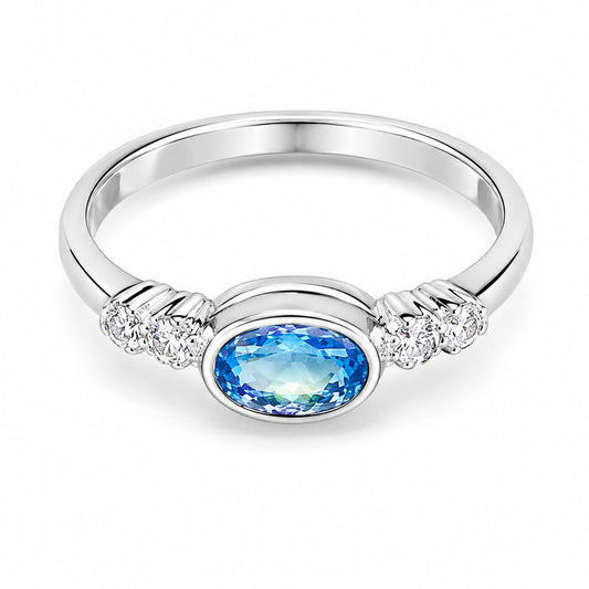 Warm Fortune Gradient Blue Oval Center Stone Side Paved Cubic Zirconia Ring for Women, 18K Gold Plated Solitaire Statement Band, Dainty Elegant Daily Fashion Jewelry