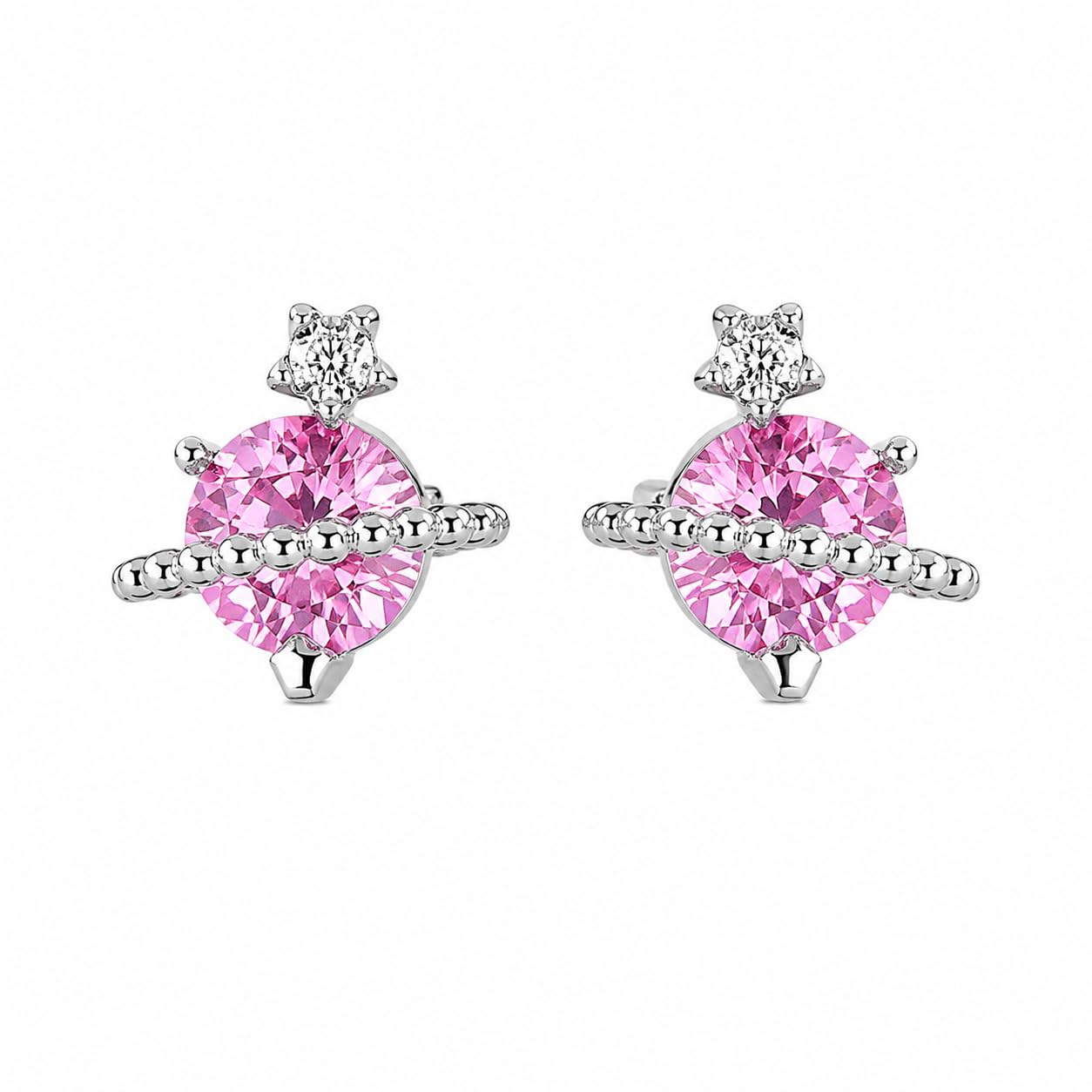 Warm Fortune 18K White Gold Plated Pink CZ Orbital Stud Earrings for Women