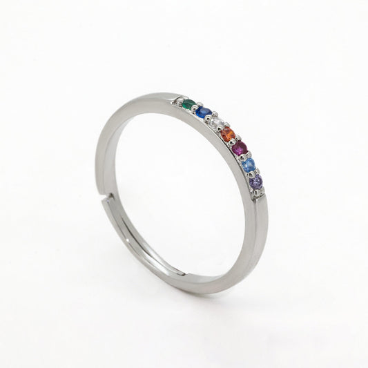 Warm Fortune 18K Gold Plated Rainbow CZ Stackable Ring, Dainty Half Eternity Band with Multicolor Stones for Women