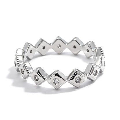 Warm Fortune Geometric Square Wave Ring for Women, 18K Gold Plated Band with Sparkling CZ, Dainty Stackable Statement Jewelry，Size 6-7
