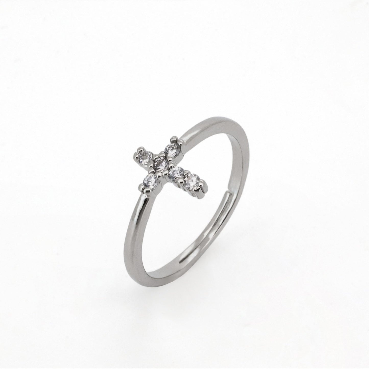 Warm Fortune Adjustable Open Band Cross Ring for Women, 18K Gold Plated CZ Stone Stackable Promise Religious Jewelry Gift