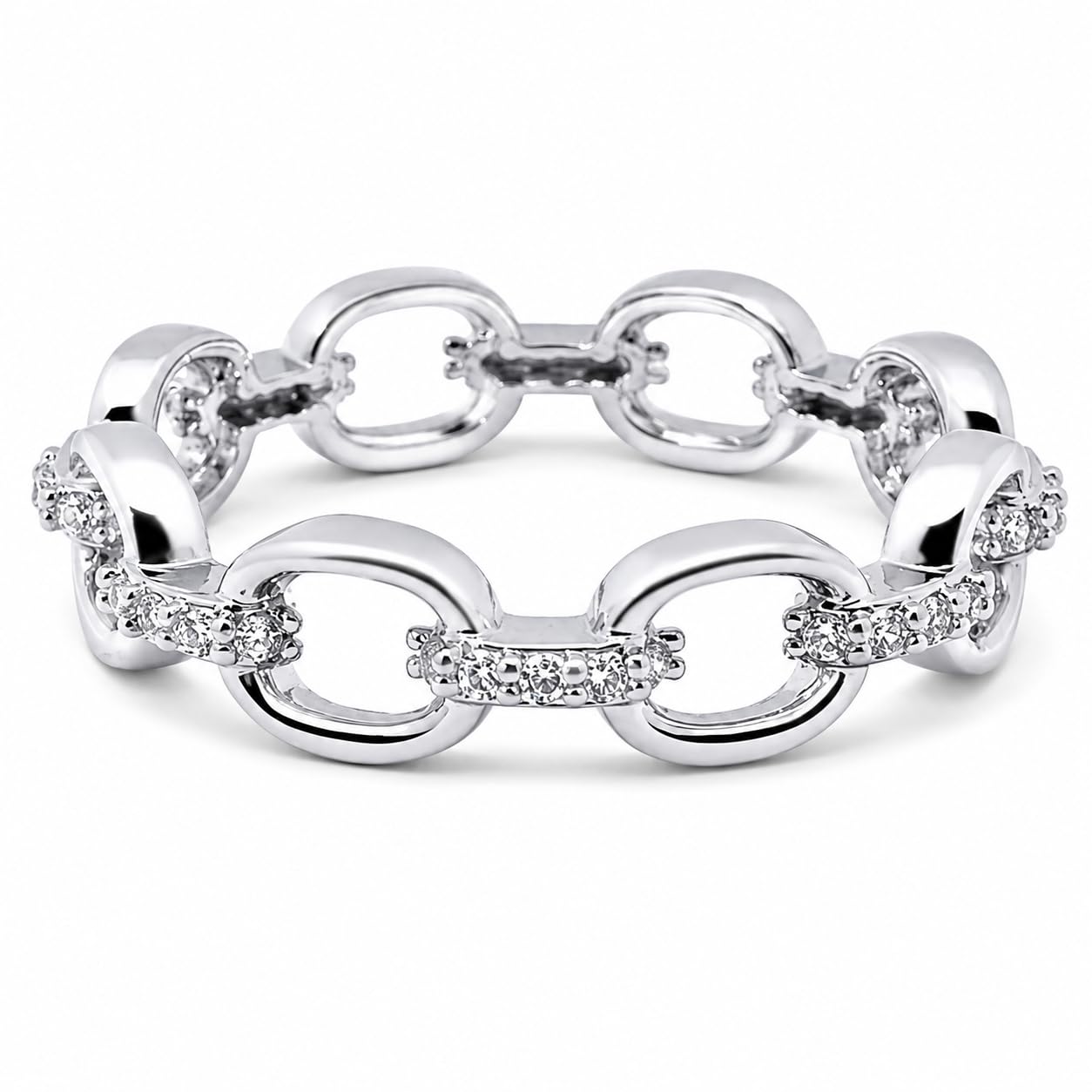 Warm Fortune Interlinked Oval Chain Pave Band Statement Ring for Women, 18K White Gold Plated Cubic Zirconia Stackable Fashion Jewelry, Size 7-9