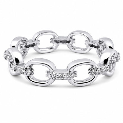 Warm Fortune Interlinked Oval Chain Pave Band Statement Ring for Women, 18K White Gold Plated Cubic Zirconia Stackable Fashion Jewelry, Size 7-9
