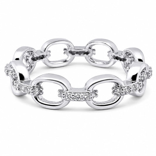 Warm Fortune Interlinked Oval Chain Ring – 18K White Gold Plated Cubic Zirconia, Sizes 7–9