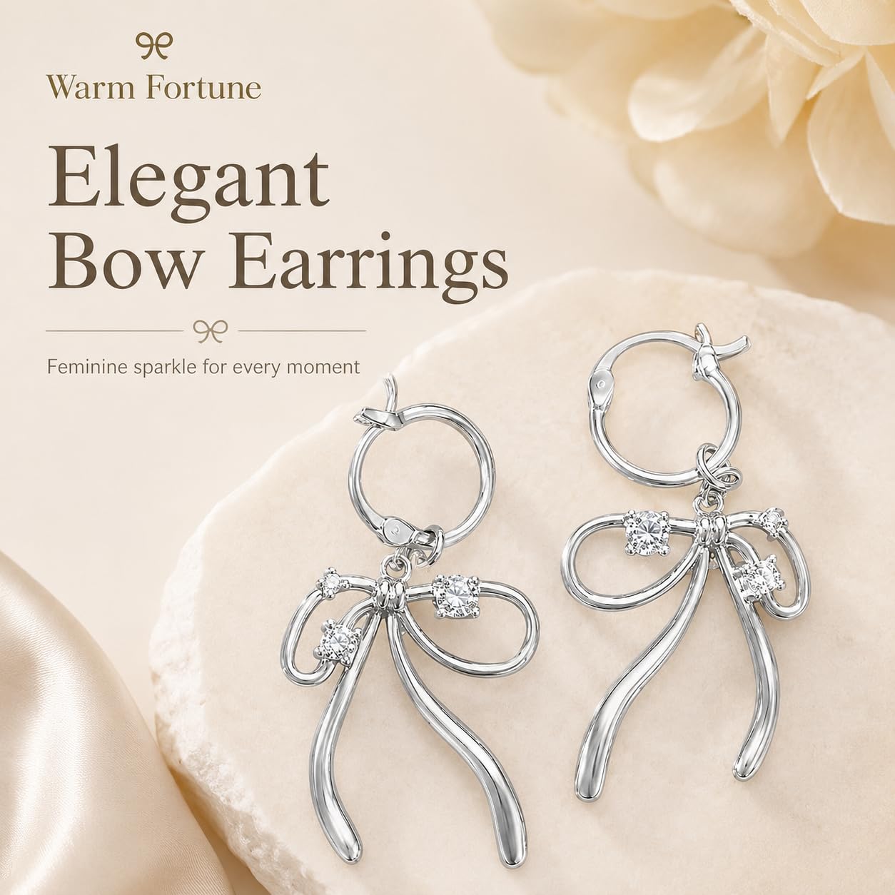 Warm Fortune Hypoallergenic CZ Bow Hoop Earrings, 18K White Gold Plated