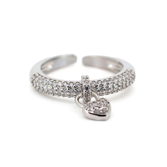 Warm Fortune Paved CZ Open Ring with Heart Charm for Women,18K Gold Plated Adjustable Stackable Daily Jewelry
