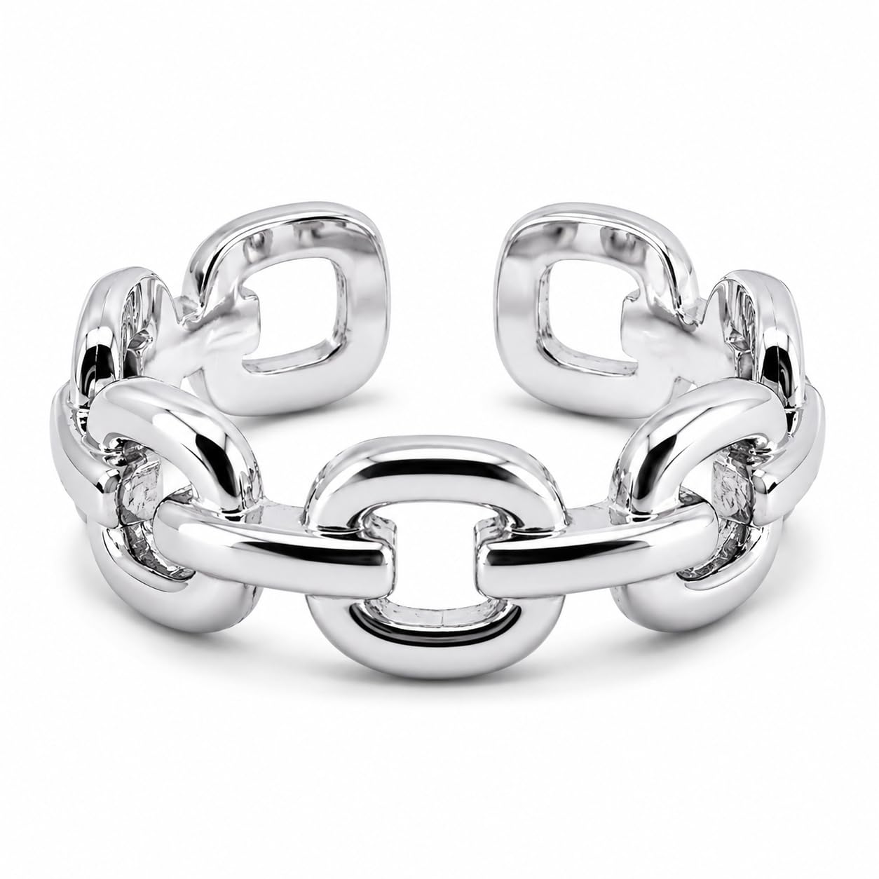 Warm Fortune Bold Interlocking Chain Open Band Ring, 18K White Gold Plated Smooth Polished Stackable Daily Accessory