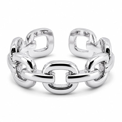 Warm Fortune Bold Interlocking Chain Open Band Ring, 18K White Gold Plated Smooth Polished Stackable Daily Accessory
