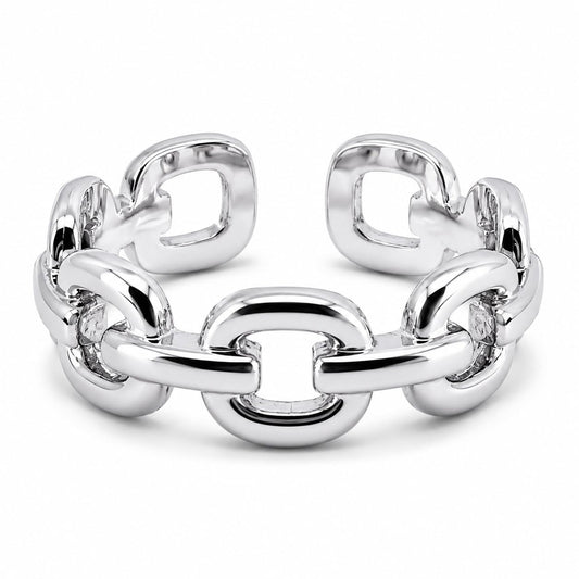 Warm Fortune Bold Interlocking Chain Open Band Ring, 18K White Gold Plated Smooth Polished Stackable Daily Accessory