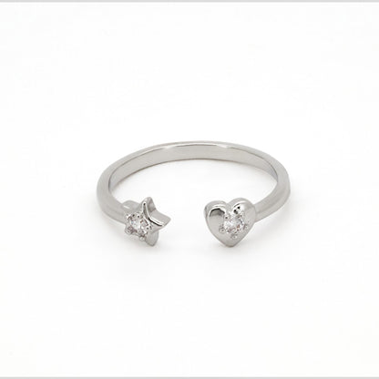 Warm Fortune Star and Heart Open Ring, Adjustable 18K Gold Plated CZ Promise Ring, Cute Stackable Statement Band for Women