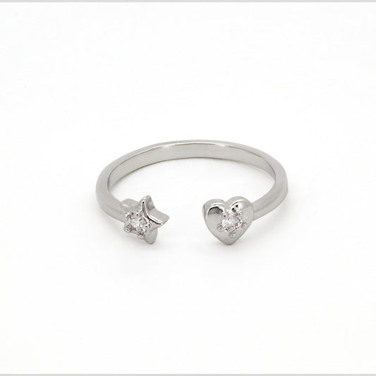 Warm Fortune Star and Heart Open Ring, Adjustable 18K Gold Plated CZ Promise Ring, Cute Stackable Statement Band for Women