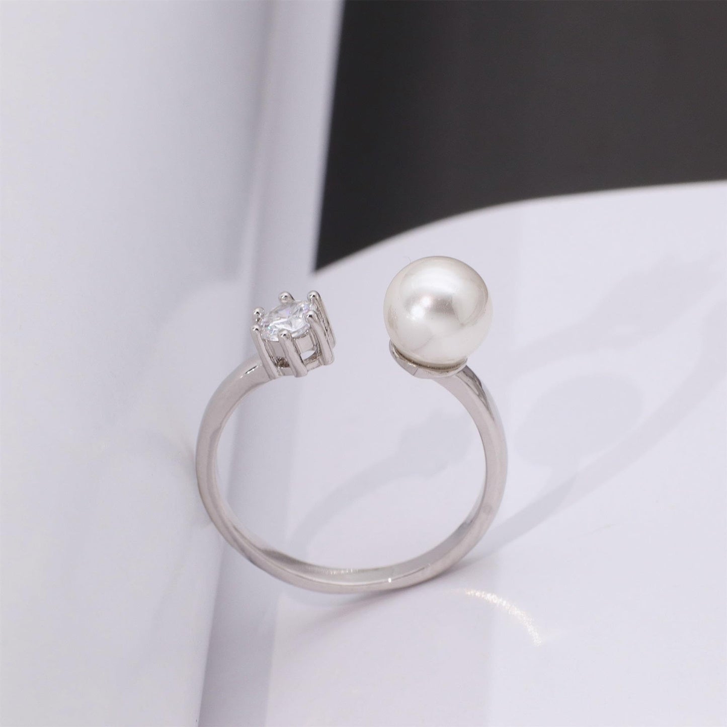Warm Fortune Pearl & Cubic Zirconia Promise Ring for Her - 18K Gold Plated, Open Design, Elegant Daily & Bridal Jewelry,Adjustable