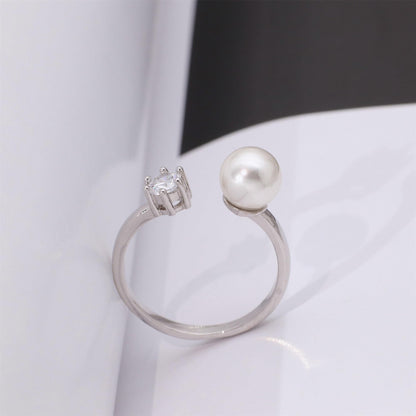 Warm Fortune Pearl & Cubic Zirconia Promise Ring for Her - 18K Gold Plated, Open Design, Elegant Daily & Bridal Jewelry,Adjustable
