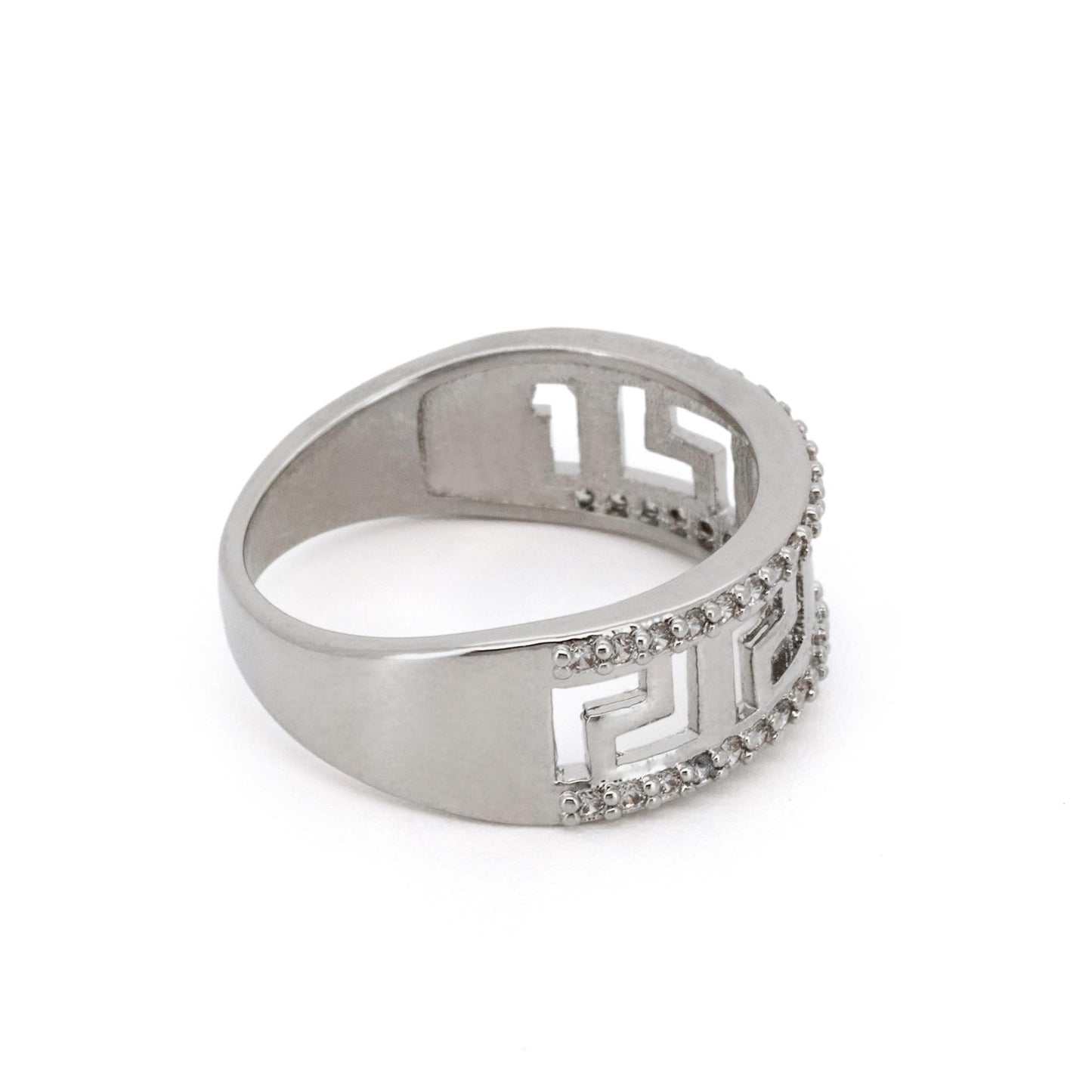 Warm Fortune Greek Key CZ Statement Ring for Women, 18K Gold Plated Wide Band Ring, Sparkling Meander Pattern Paved Ring, Retro Geometric Everyday Jewelry