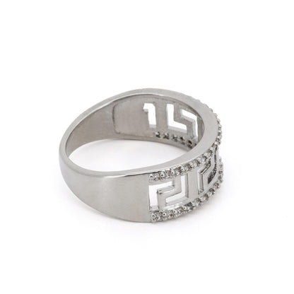 Warm Fortune Greek Key CZ Statement Ring for Women, 18K Gold Plated Wide Band Ring, Sparkling Meander Pattern Paved Ring, Retro Geometric Everyday Jewelry