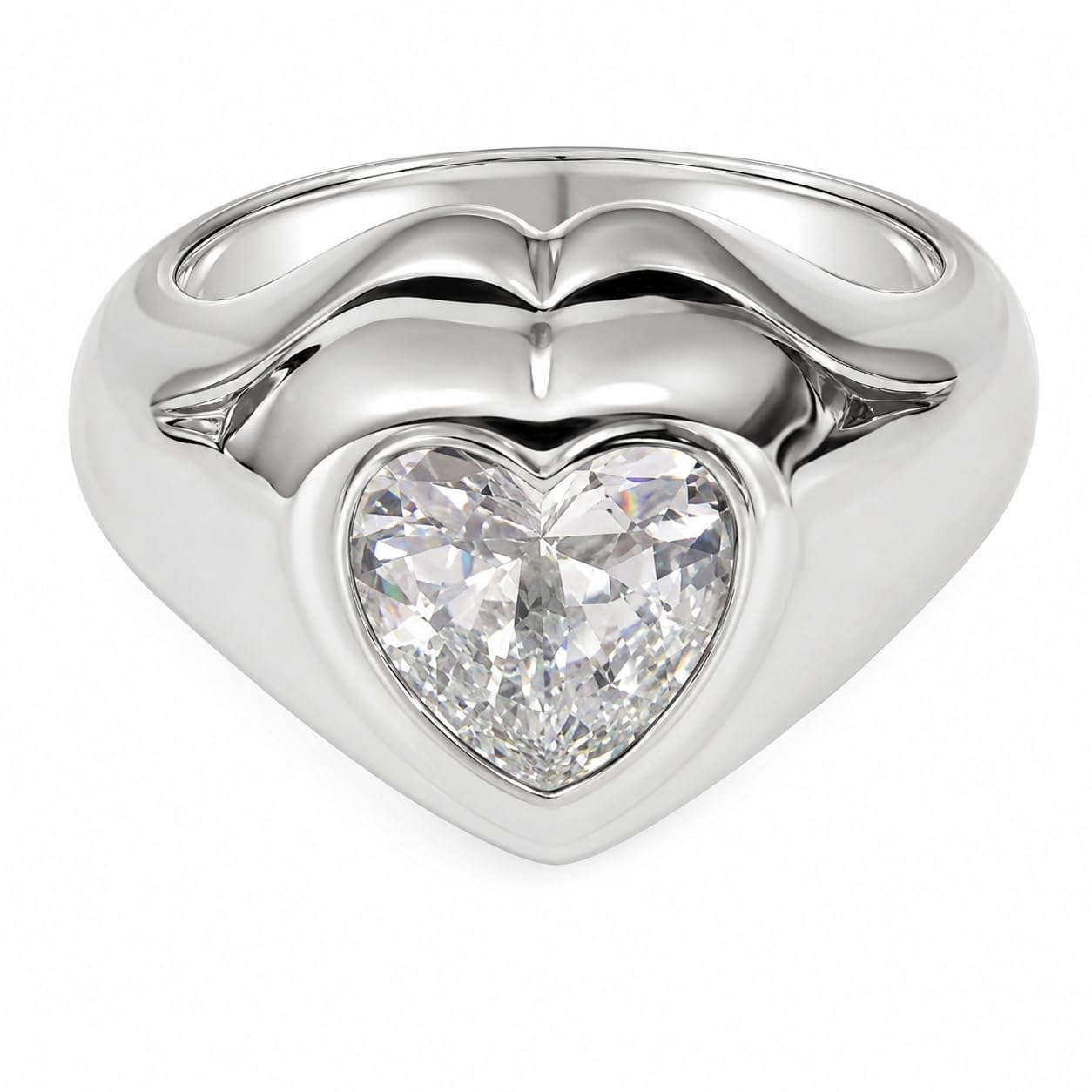 Warm Fortune Heart Signet Ring for Women, 18K White Gold Plated Chunky Band with Heart Cut Cubic Zirconia, Dainty Stackable Promise Statement Jewelry