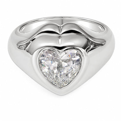 Warm Fortune Heart Signet Ring for Women, 18K White Gold Plated Chunky Band with Heart Cut Cubic Zirconia, Dainty Stackable Promise Statement Jewelry
