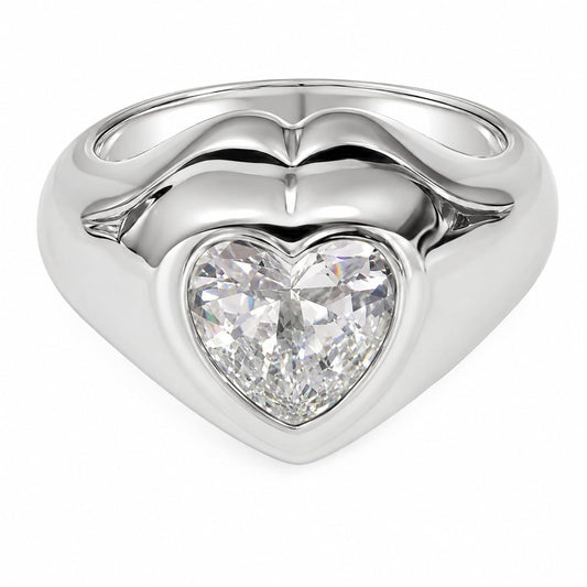Warm Fortune Heart Signet Ring for Women, 18K White Gold Plated Chunky Band with Heart Cut Cubic Zirconia, Dainty Stackable Promise Statement Jewelry