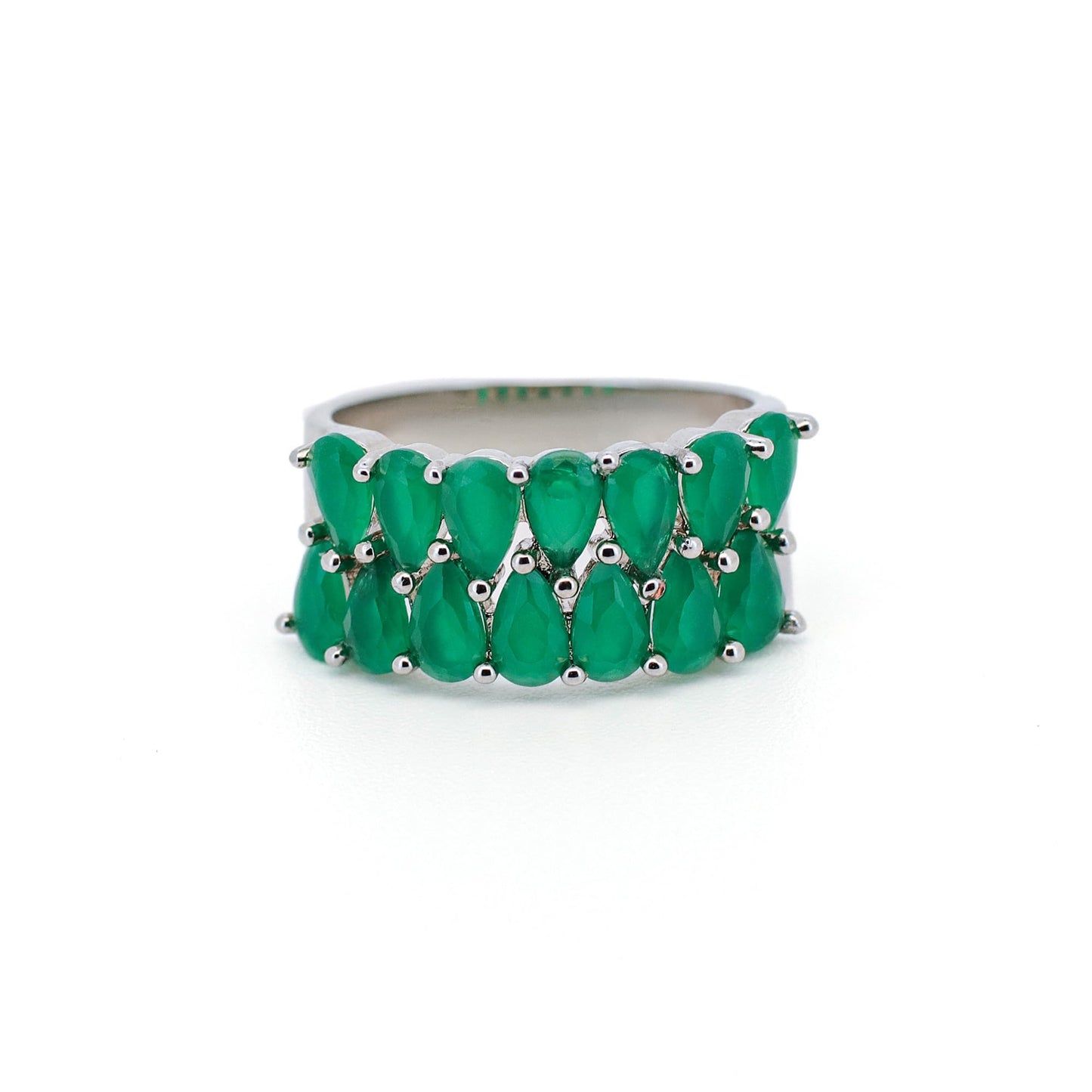 Warm Fortune Double Row Pear Cut Green CZ Eternity Ring for Women,18K Gold Plated Wide Stackable Promise Band Jewelry Gift, Size 6-9