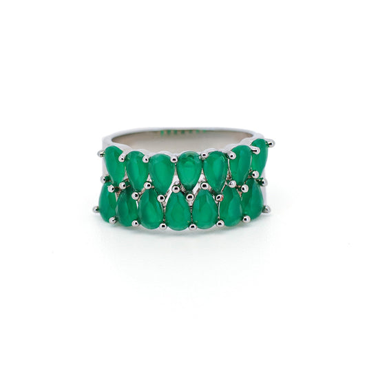 Warm Fortune Double Row Pear Cut Green CZ Eternity Ring for Women,18K Gold Plated Wide Stackable Promise Band Jewelry Gift, Size 6-9