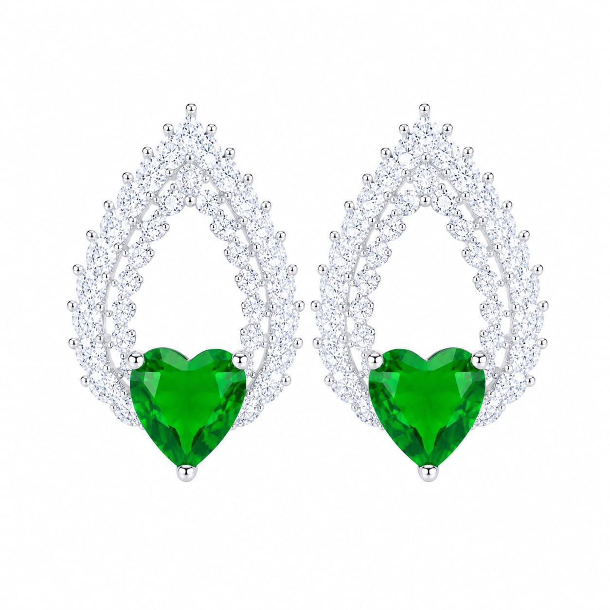 Warm Fortune 18K White Gold Plated Green CZ Heart Stud Earrings