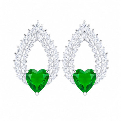 Warm Fortune 18K White Gold Plated Green CZ Heart Stud Earrings