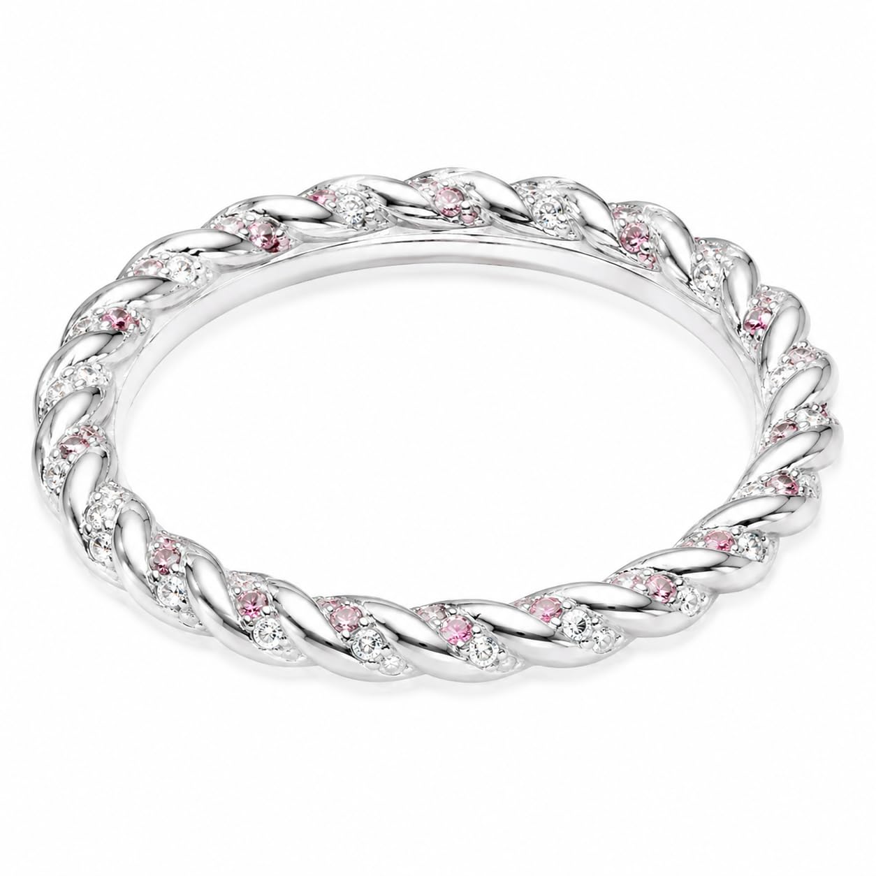 Warm Fortune Twisted Rope Pink Cubic Zirconia Eternity Stackable Band Ring for Women, 18K Gold Plated Promise Wedding Jewelry Gift, Size 6-11.5