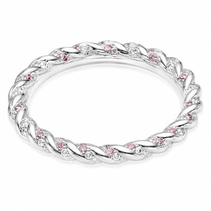 Warm Fortune Twisted Rope Pink Cubic Zirconia Eternity Stackable Band Ring for Women, 18K Gold Plated Promise Wedding Jewelry Gift, Size 6-11.5
