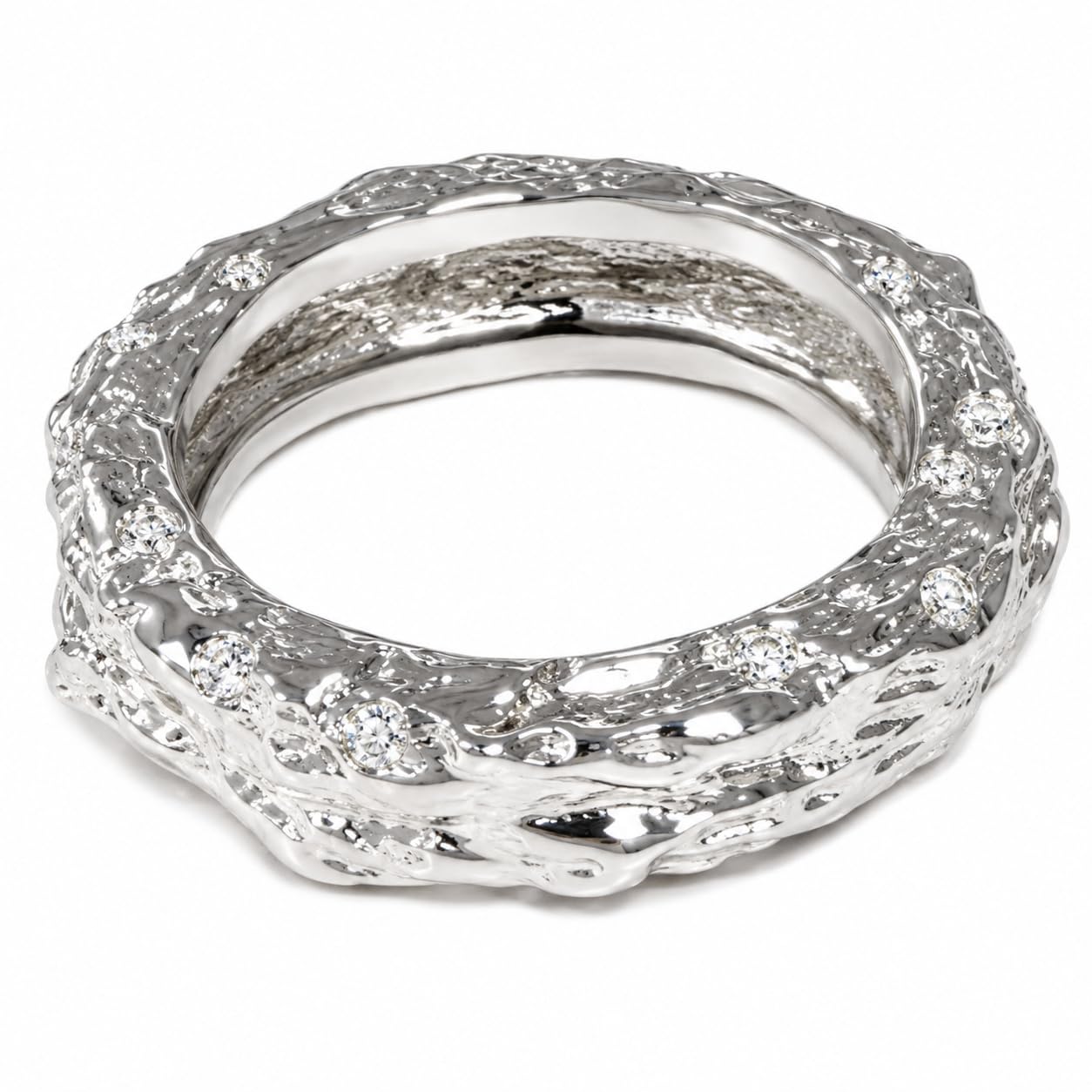 Warm Fortune Irregular Lava Texture Band Ring for Women, 18K White Gold Plated Hammered Chunky Stackable Wedding Band, Unique Rough Surface Minimalist Jewelry