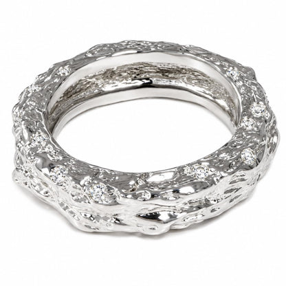 Warm Fortune Irregular Lava Texture Band Ring for Women, 18K White Gold Plated Hammered Chunky Stackable Wedding Band, Unique Rough Surface Minimalist Jewelry