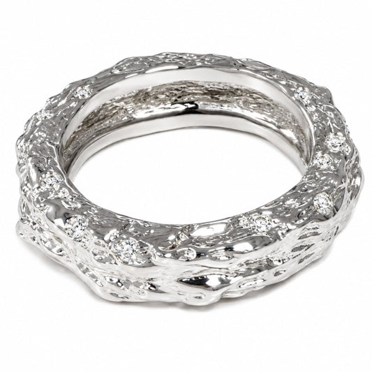 Warm Fortune Irregular Lava Texture Band Ring for Women, 18K White Gold Plated Hammered Chunky Stackable Wedding Band, Unique Rough Surface Minimalist Jewelry