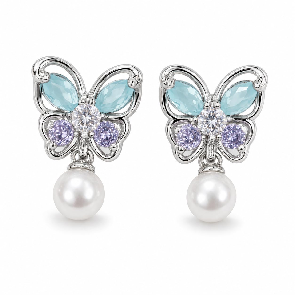 Warm Fortune 18K Gold Plated Butterfly Mixed Cut Cubic Zirconia & Shell Pearl Dangle Earrings for Women Hypoallergenic - Valentine's Day, Mother's Day, Birthday Gift for Her