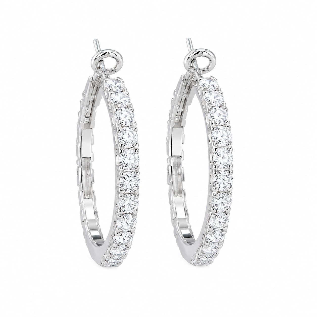 Warm Fortune 18K White Gold Plated Single Row Round CZ Hoop Earrings