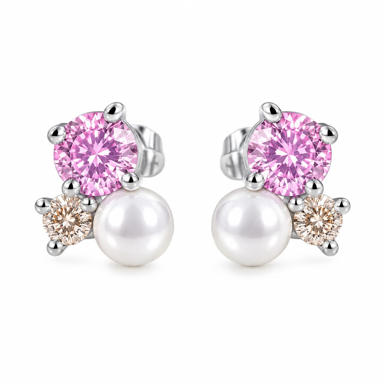 Warm Fortune 18K White Gold Plated CZ Pearl Cluster Stud Earrings