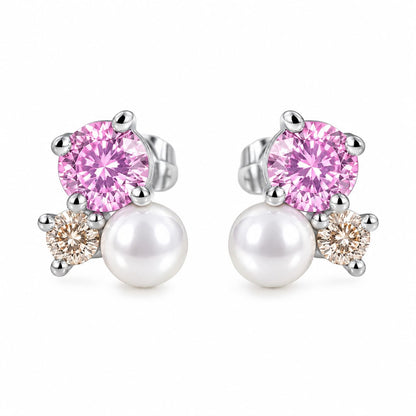 Warm Fortune 18K White Gold Plated CZ Pearl Cluster Stud Earrings