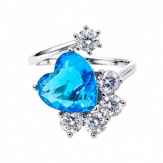 Warm Fortune Heart Cut Main Stone Floral Accent Open Cuff Statement Ring for Women, 20K White Gold Plated Claw Set Cubic Zirconia Stackable Fashion Jewelry