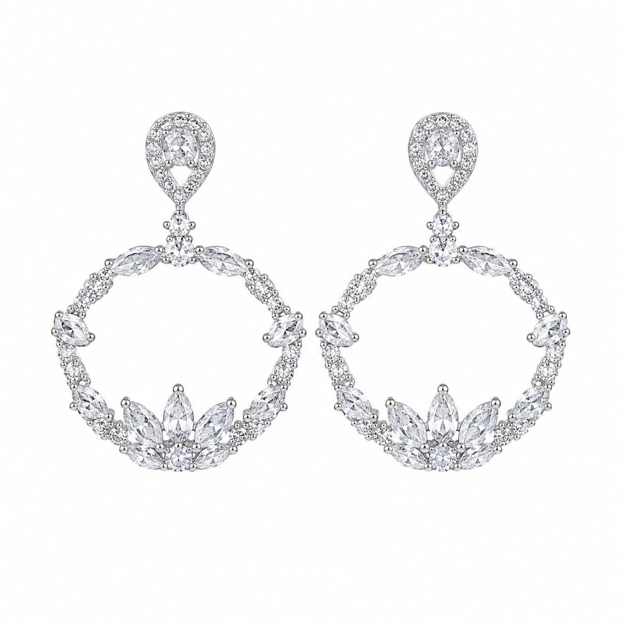 Warm Fortune 18K White Gold Plated CZ Floral Circle Dangle Earrings