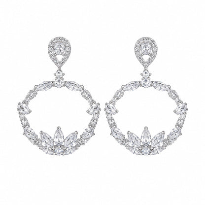 Warm Fortune 18K White Gold Plated CZ Floral Circle Dangle Earrings