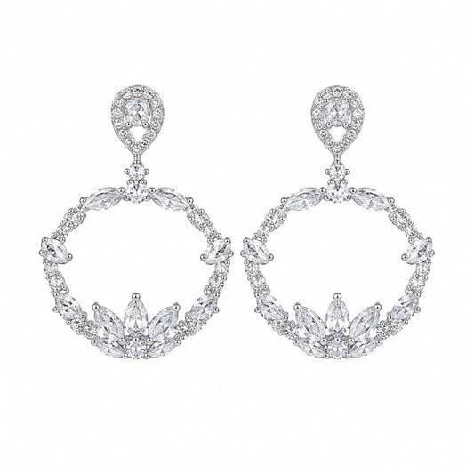 Warm Fortune 18K White Gold Plated CZ Floral Circle Dangle Earrings