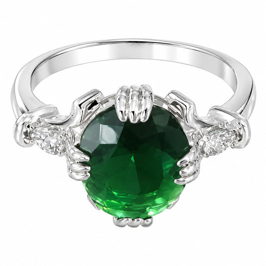 Warm Fortune Claw-Set Green CZ Ring for Women, 18K White Gold Plated Round Cubic Zirconia Statement Band, Dainty Elegant Jewelry, Size 6-9