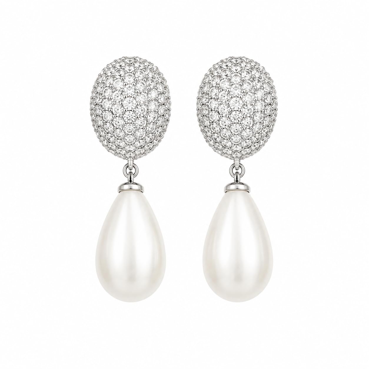 Warm Fortune 18K White Gold Plated CZ Teardrop Pearl Drop Earrings